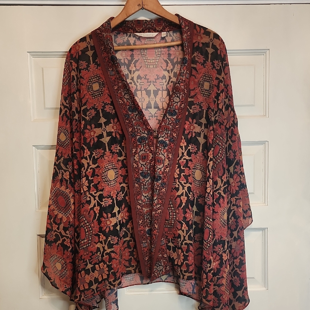 SOFT SURROUNDINGS Multicolor Dressy Patterned Top or Cape, Brass Buttons Flowing